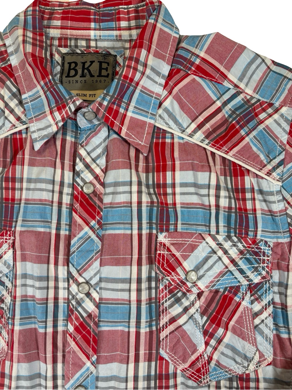 Bke Plaid Pearl Snap Long Sleeve Shirt Mens Large Slimfit Blue Red Western Y2k